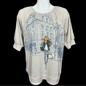 Love & Lace Raglan Sleeve Ribbed Trim City Girl Shopping Embellished Top Large